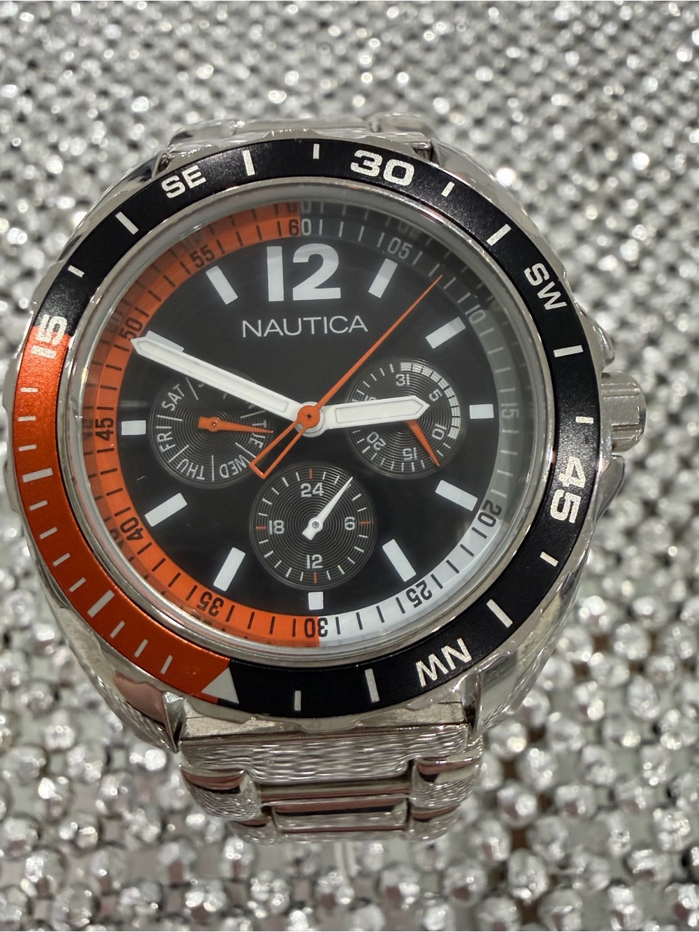 Nautica Black Dial Watch with Orange Accent Bezel